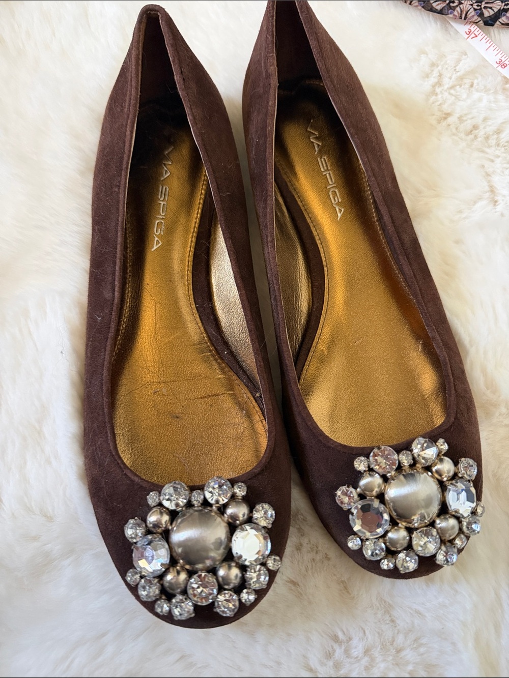 NWT Via Spiga Brown Suede Crystal-Embellished Women’s Flats